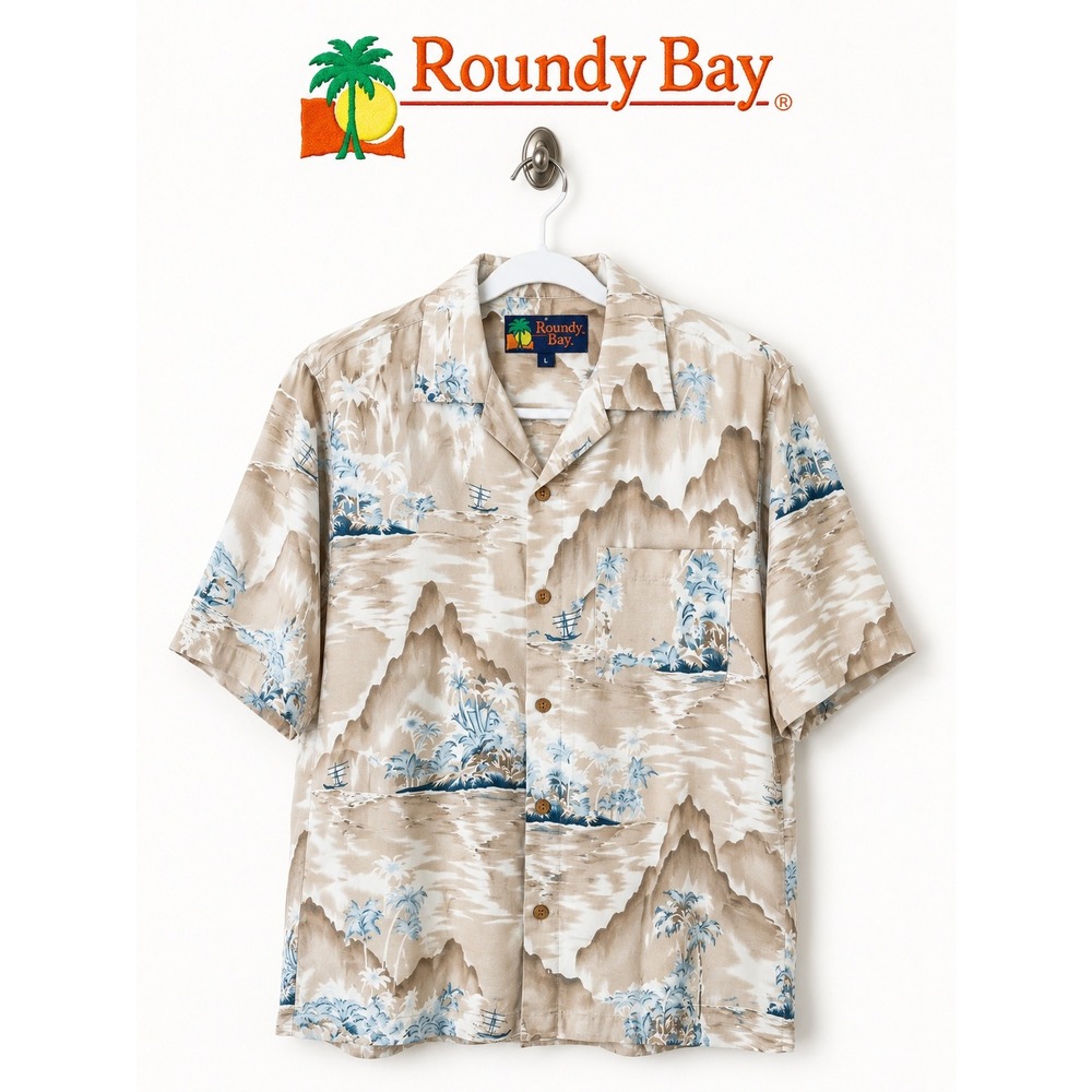 Roundy Bay Hawaiian Aloha Shirt Tropical Island Scenic Print Men's Large